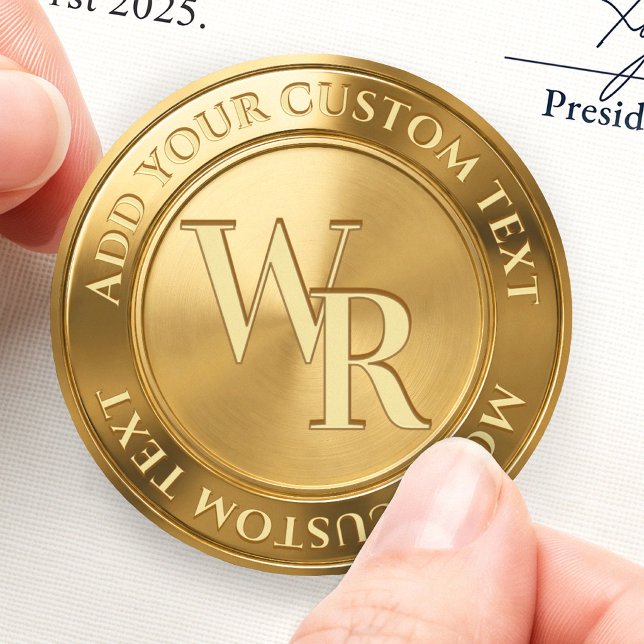 Monogram Initials Crest Minimal Custom 3D Gold Classic Round Sticker (Variety of finishes and easy to apply kiss-cut editable Blank Monogram Certificate 3D Gold Foil Seal)