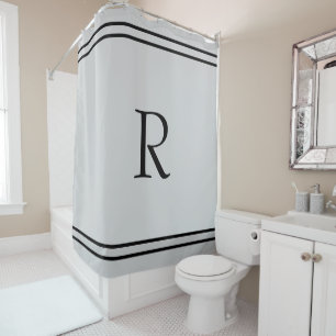 Monogram Initials Custom Name Black Stripes Grey Shower Curtain