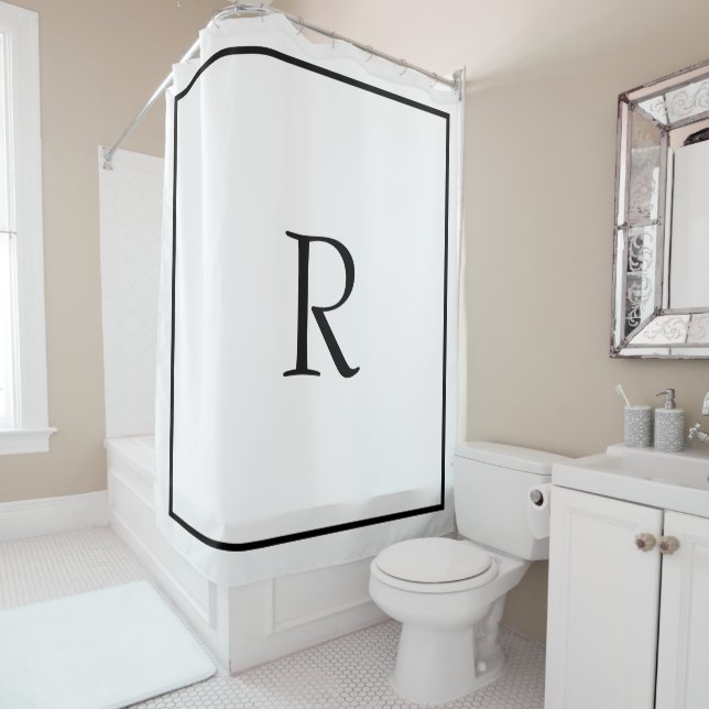Monogram Initials Custom Name Black White Elegant Shower Curtain (In Situ)