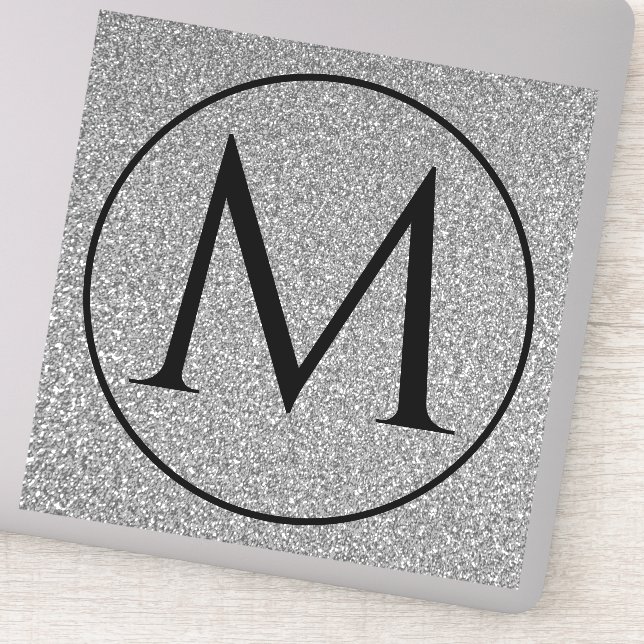 Monogram Initials Custom Name Black White Glitter Sticker (Detail)
