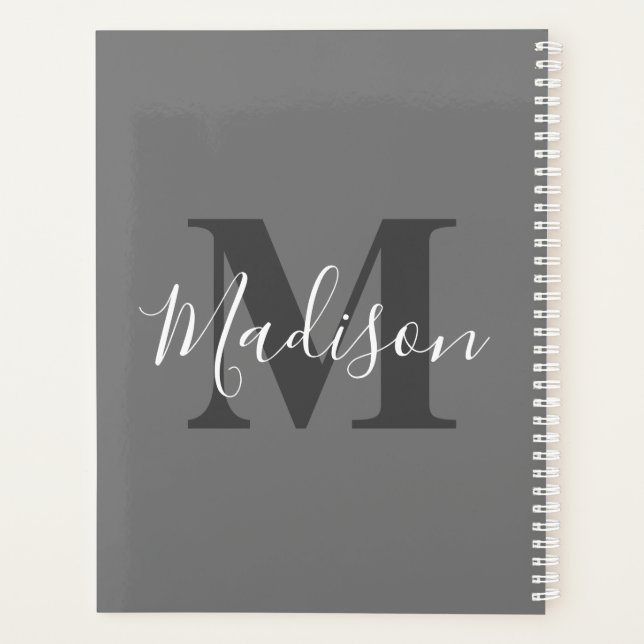 Monogram Initials Custom Name Gray White Elegant Planner (Back)