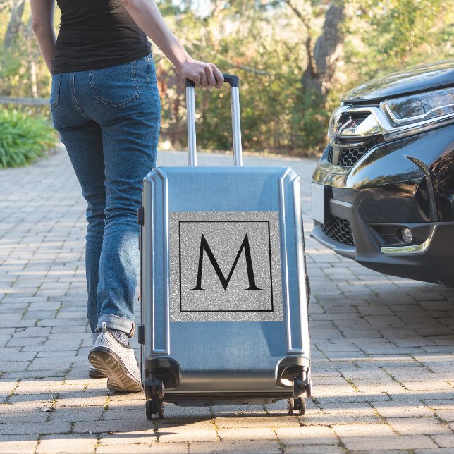 Monogram Initials Custom Name Silvery Grey Glitter Sticker (Suitcase Insitu)