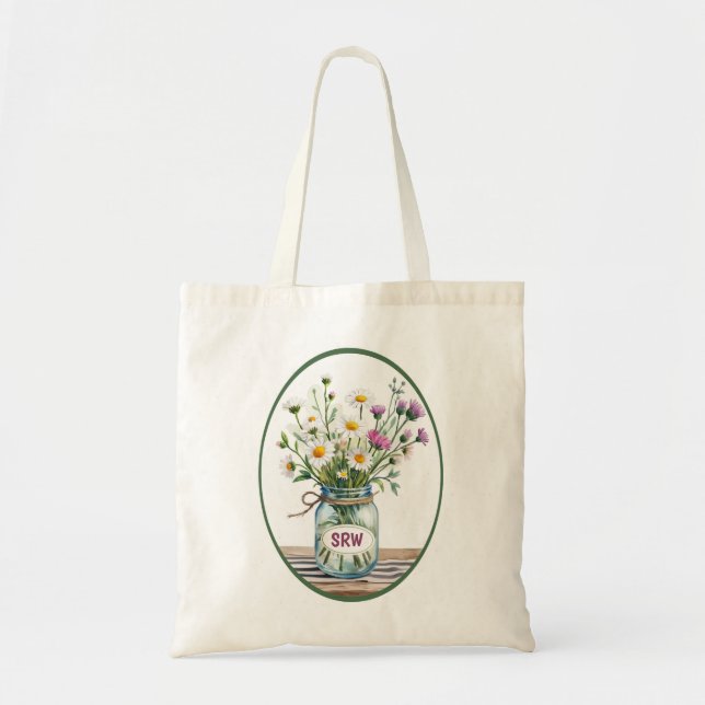 Monogram Initials Customize Wildflowers Mason Jar Tote Bag (Front)