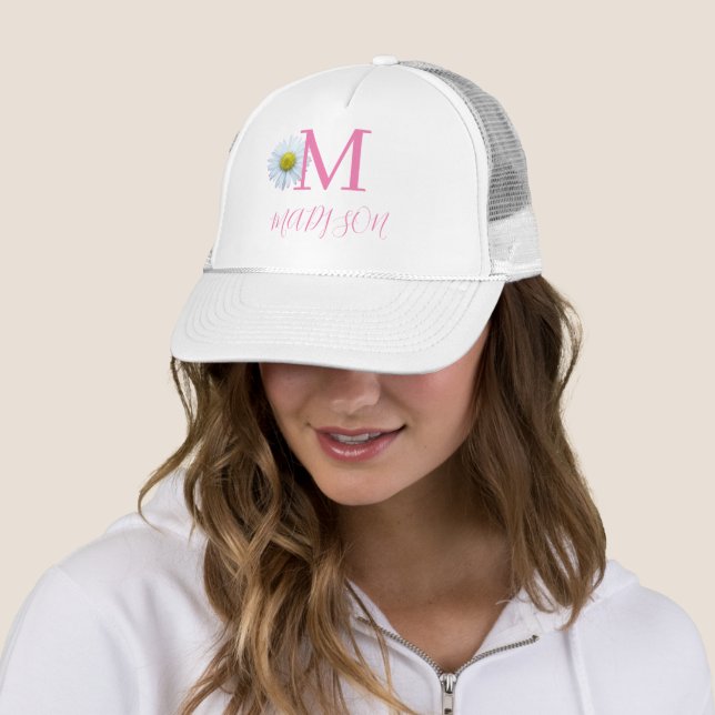 Monogram Initials Daisy Modern Trucker Hat (In Situ)