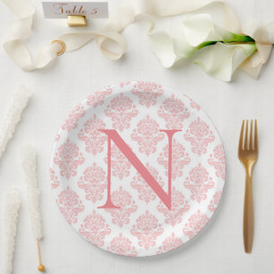 Monogram Initials Damask Pastel Peach Paper Plates