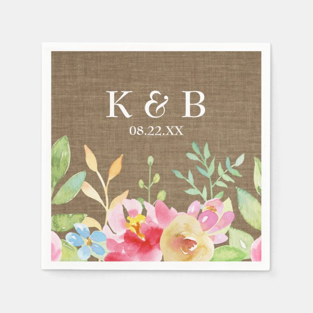 Monogram Initials Date Watercolor Flowers Burlap Napkins (Front)