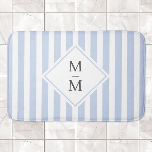 Monogram initials dusty light blue white stripes bath mat