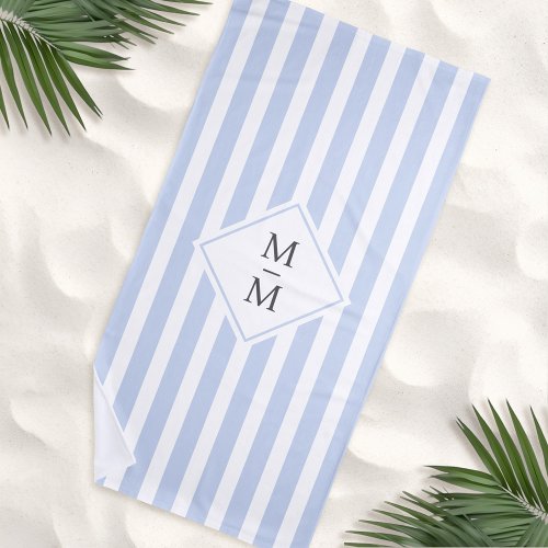 Monogram initials dusty light blue white stripes beach towel