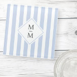 Monogram initials dusty light blue white stripes glass coaster<br><div class="desc">Glass coaster featuring a light dusty blue and white striped pattern with your monogram initials in dark gray over a white diamond shape. All colors are customizable.</div>