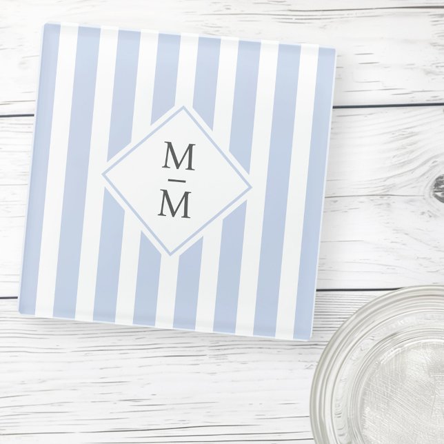 Monogram initials dusty light blue white stripes glass coaster (Monogram initials dusty light blue white stripes glass coaster)