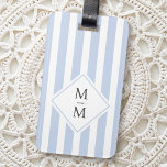 Monogram initials dusty light blue white stripes luggage tag<br><div class="desc">Luggage tag featuring a light dusty blue and white striped pattern with your monogram initials in dark gray over a white diamond shape. All colors are customizable.</div>
