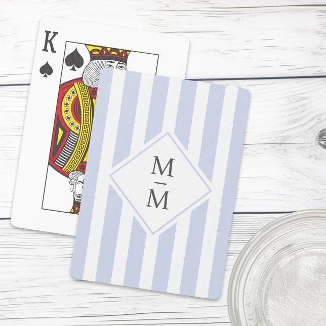 Monogram initials dusty light blue white stripes poker cards (Monogram initials dusty light blue white stripes playing cards)
