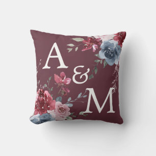 Monogram Initials Dusty Rose Blue Floral Burgundy Throw Pillow