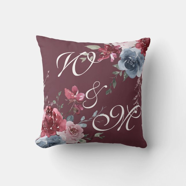 Monogram Initials Dusty Rose Blue Floral Burgundy Throw Pillow (Front)