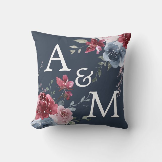 Monogram Initials Dusty Rose Blue Floral Dark Blue Throw Pillow (Front)
