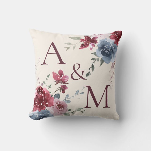 Monogram Initials Dusty Rose Blue Floral Ivory Throw Pillow (Front)
