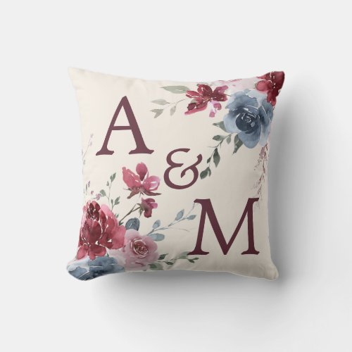 Monogram Initials Dusty Rose Blue Floral Ivory Throw Pillow