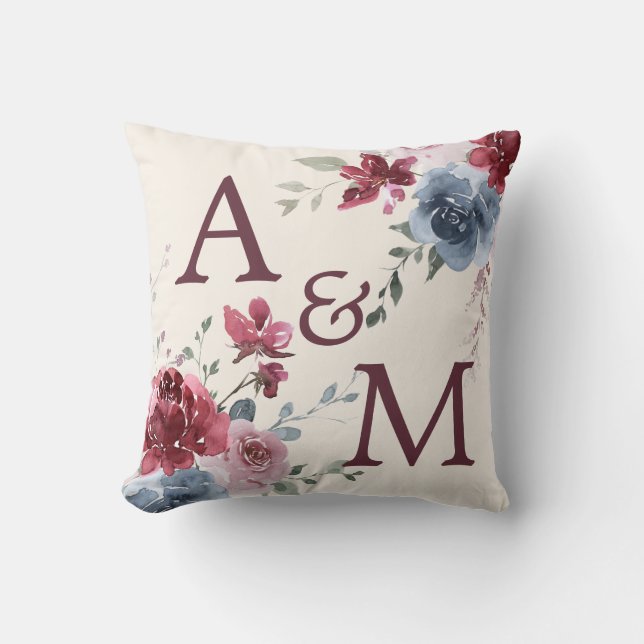 Monogram Initials Dusty Rose Blue Floral Ivory Throw Pillow (Front)