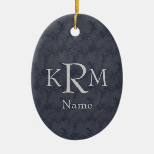 Monogram Initials Elegant Black Floral Ceramic Ornament