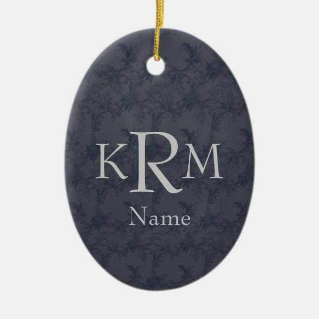 Monogram Initials Elegant Black Floral Ceramic Ornament (Front)