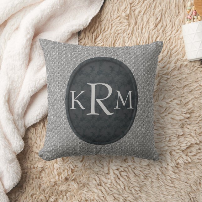 Monogram Initials Elegant Black Floral  Throw Pillow (Blanket)