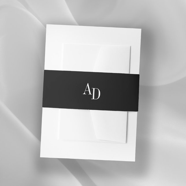 Monogram initials elegant white black wedding invitation belly band (Creator Uploaded)