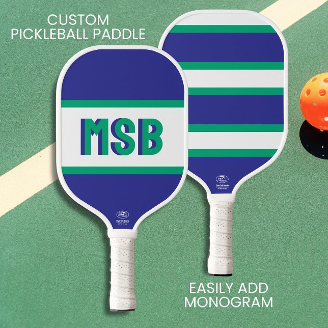 Monogram Initials, Fun Green Blue Stripes, Custom  Pickleball Paddle (Creator Uploaded)