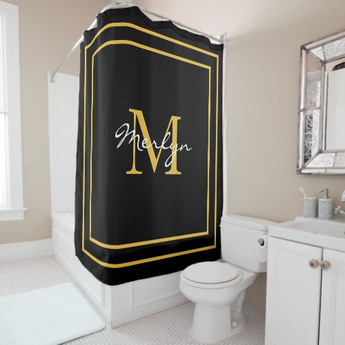 Monogram Initials Gold Black Custom Name 2023 Shower Curtain