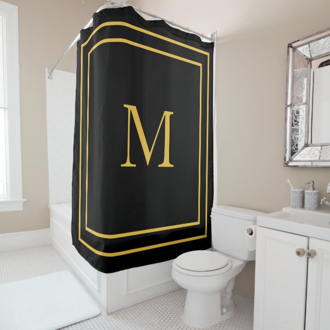 Monogram Initials Gold Black Custom Name Cool Shower Curtain (In Situ)