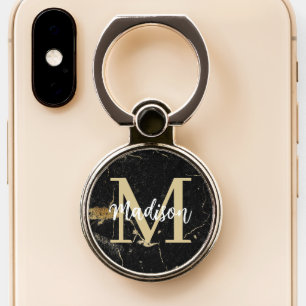 Monogram Initials Gold Black Marble Phone Ring Stand