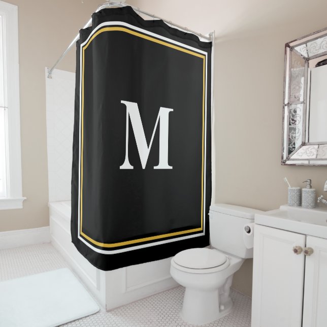 Monogram Initials Gold Black White Custom Name Shower Curtain (In Situ)