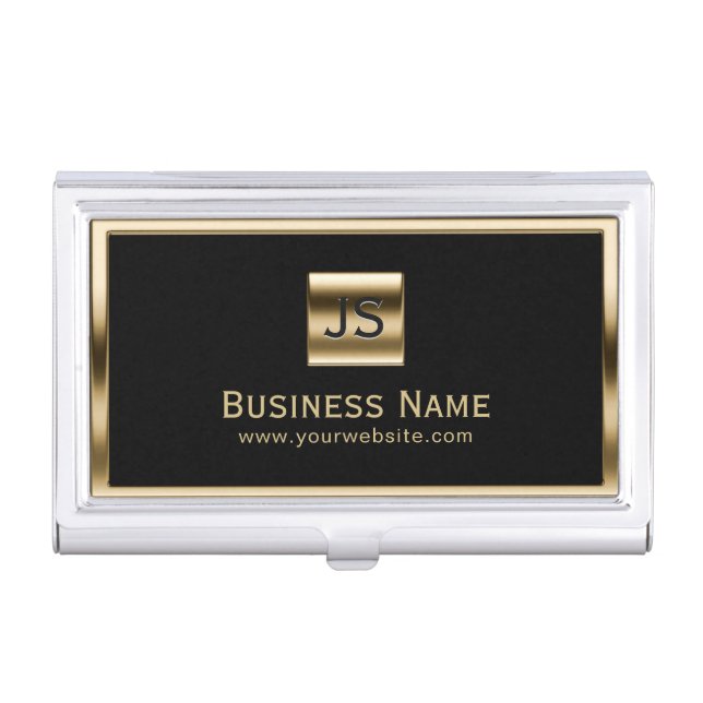 Monogram Initials Gold Framed Professional Dark Business Card Holder (Front)