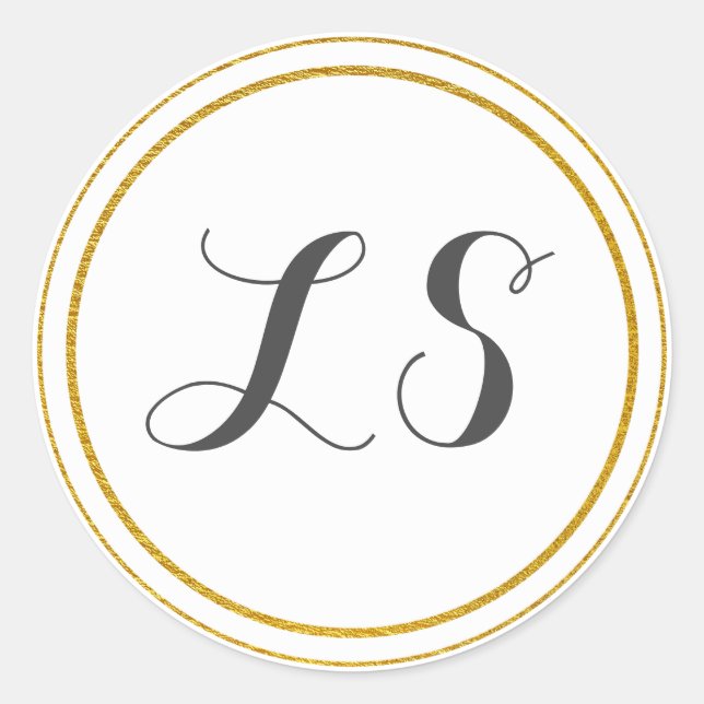 Monogram Initials |  Gold & White Circle Border Classic Round Sticker (Front)