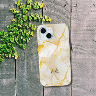 Monogram Initials gold yellow white marble  iPhone 15 Case