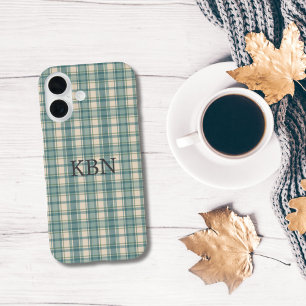 Monogram Initials Green Blue Beige Plaid Tartan iPhone 16 Case