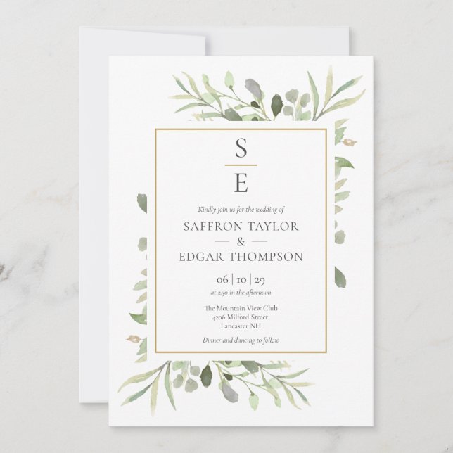 Monogram Initials Greenery Foliage Wedding Invitation (Front)