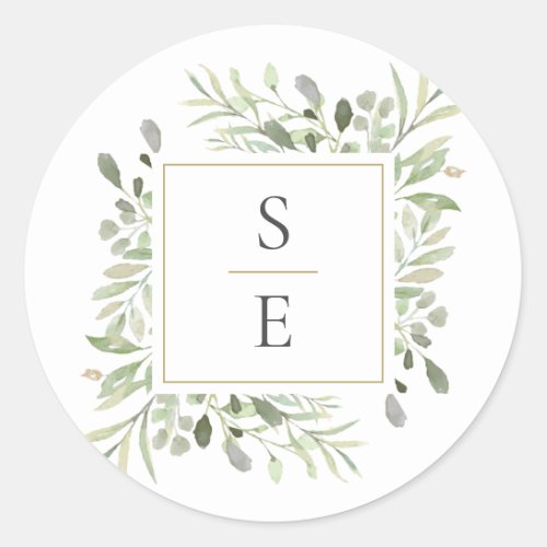 Monogram Initials Greenery Modern Gold Wedding Classic Round Sticker