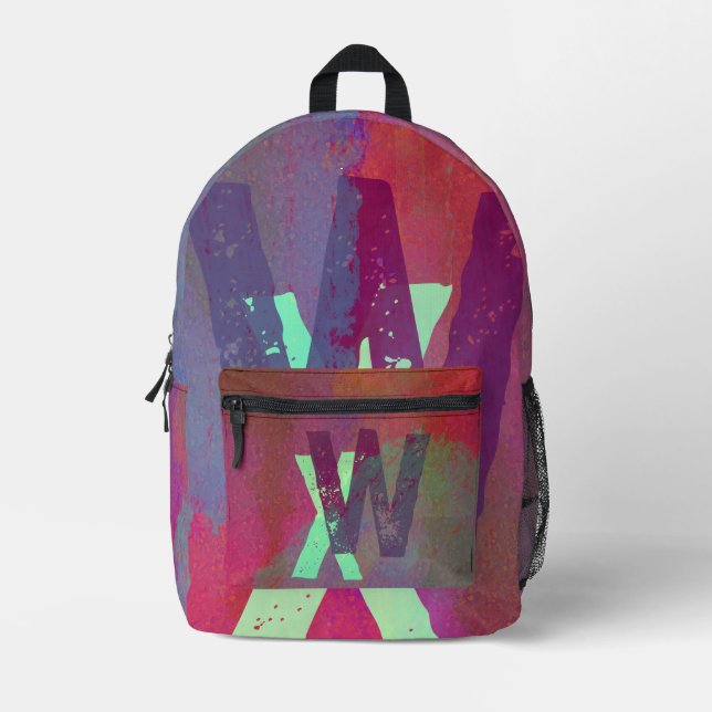 Monogram Initials Grunge Funky Purple Green Art Printed Backpack (Front)