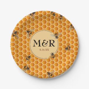 Monogram Initials Honeycomb Bees Gold Paper Plates