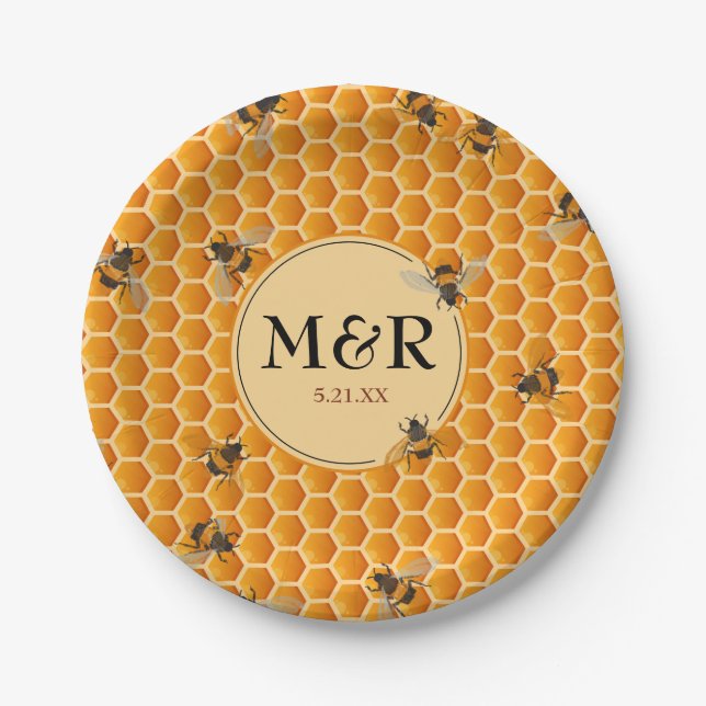 Monogram Initials Honeycomb Bees Gold Paper Plates (Front)