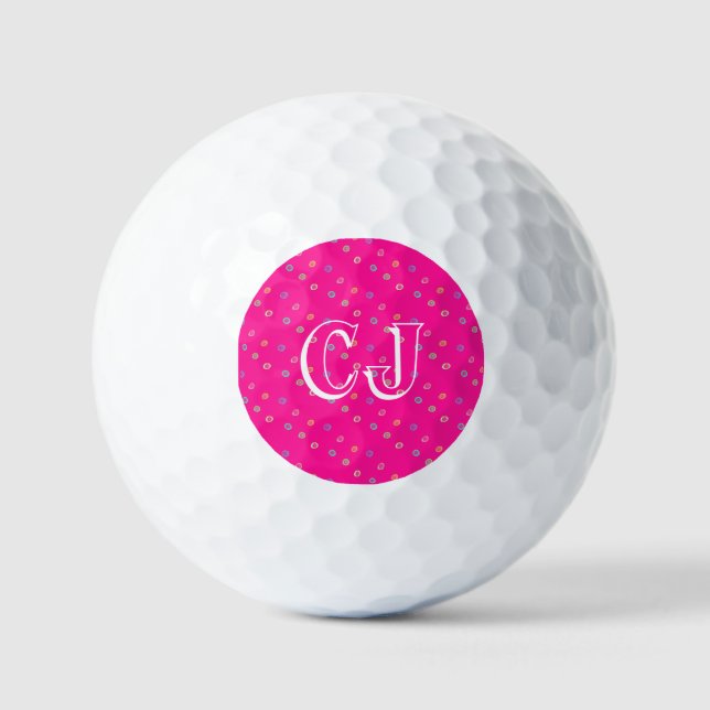 Monogram Initials Hot Pink Polka Dots Golf Balls (Front)