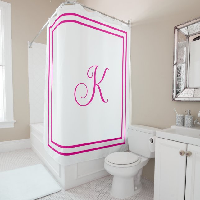 Monogram Initials Hot Pink White Custom Script Shower Curtain (In Situ)