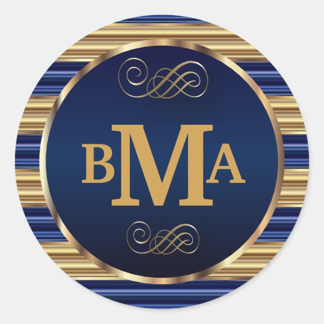 Monogram Initials in Dark Blue & Gold Stripes Classic Round Sticker (Front)