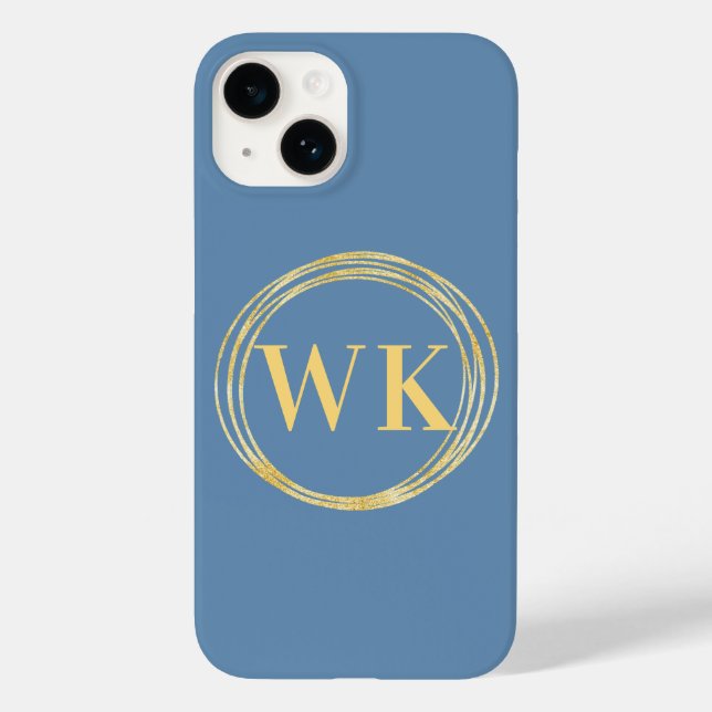 Monogram Initials Modern Dusty Blue Gold Circles Case-Mate iPhone Case (Back)
