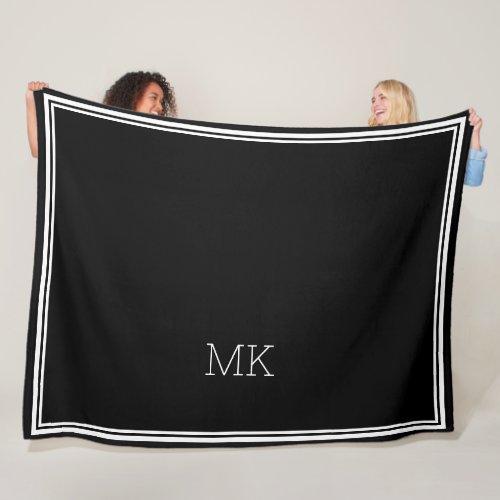 Monogram Initials Modern Minimal Frame Black White Fleece Blanket