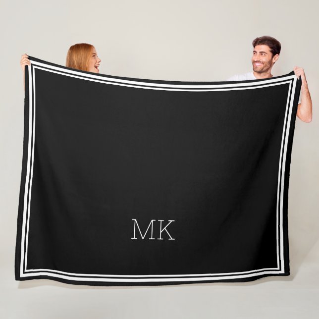 Monogram Initials Modern Minimal Frame Black White Fleece Blanket (In Situ)