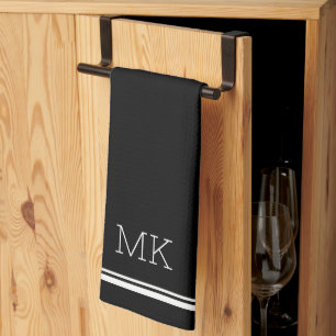 Monogram Initials Modern Minimal Lines Black Kitchen Towel