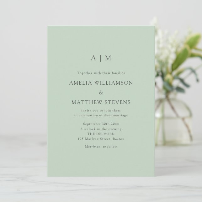Monogram Initials Modern Mint Pistachio Wedding Invitation (Standing Front)