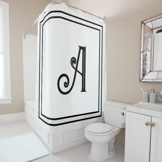 Monogram Initials Name Black White Custom Script  Shower Curtain (In Situ)
