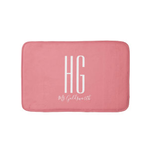 Monogram Initials Name Coral Salmon Pink Modern Bath Mat